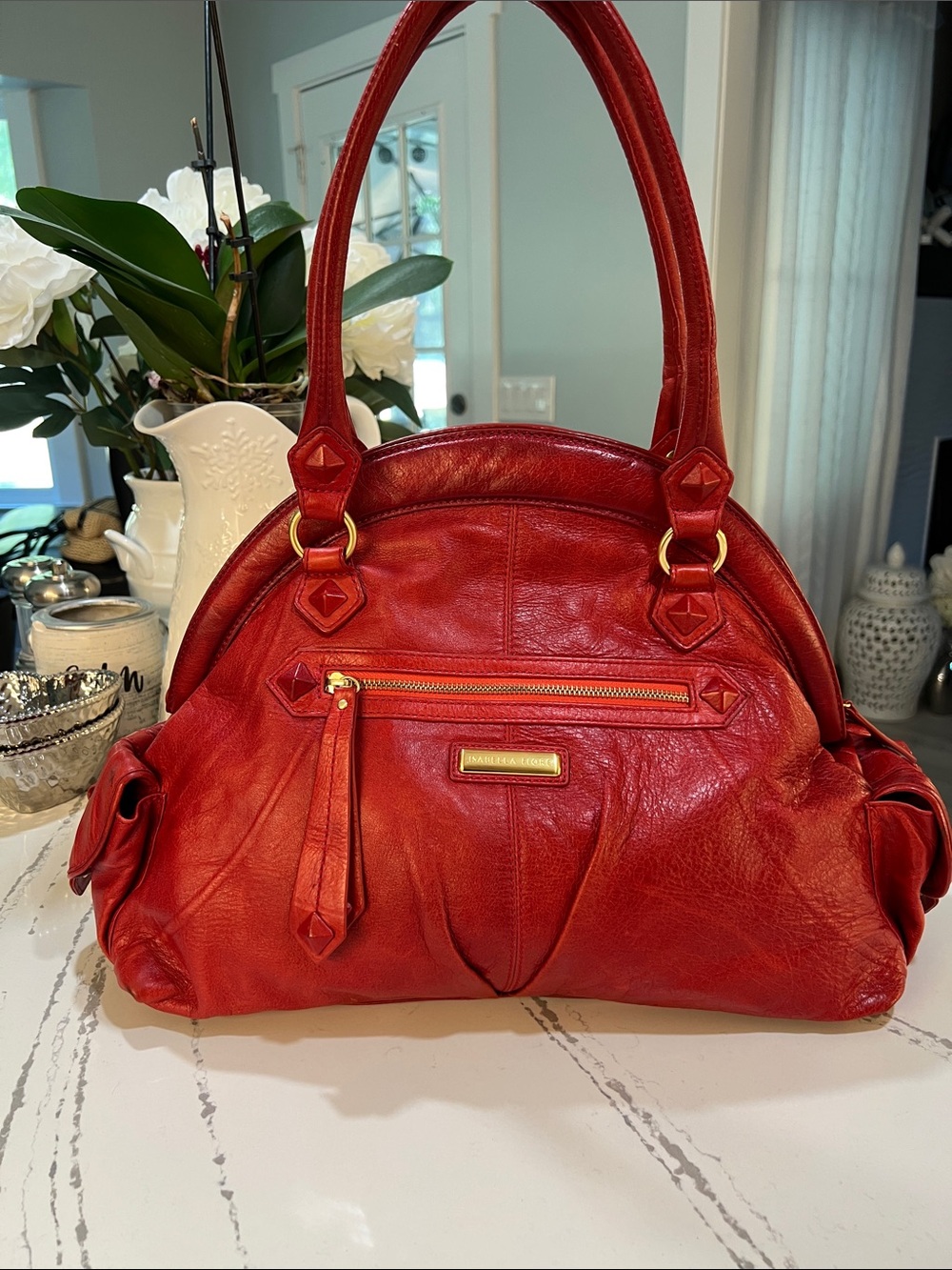 Isabella Fiore Vintage Red Leather Pyramid Stud Shoulder Bag with Gold Accents